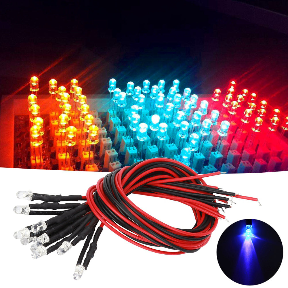 12V LED Light Emitting Diode with Wire Kit 3mm Round Head Highlight Lights Beads Purple Light