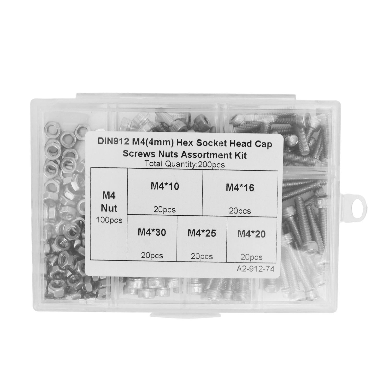 200Pcs Hex Socket Head Cap Screws Nuts Assortment Kit M4 304 Stainless Steel Set