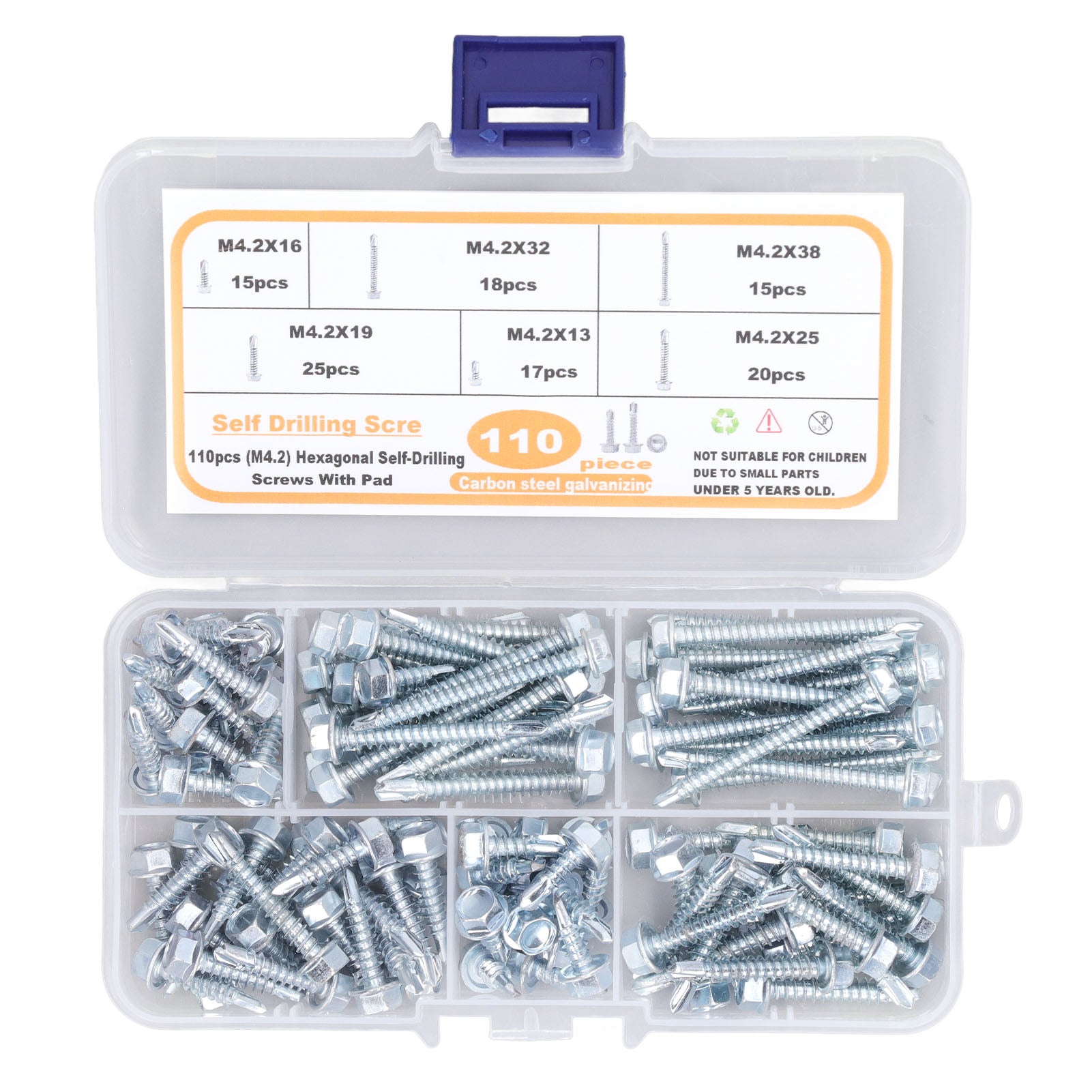110Pcs Self Drilling Screw Hex Washer Head M4.2 6 Sizes Fastener Assortment Set Kit