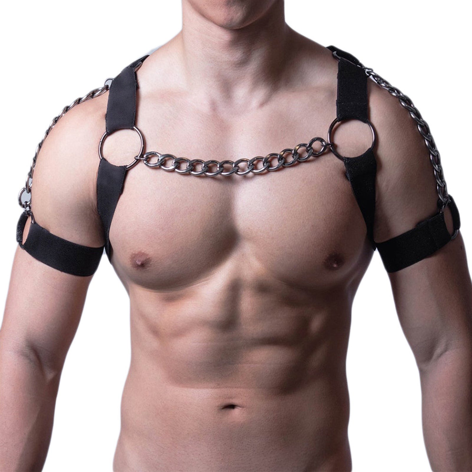 Men Chest Harness Black Punk Style Adjustable Tightness PU Metal Chain Men Top Chest Suspender for Cosplay Party