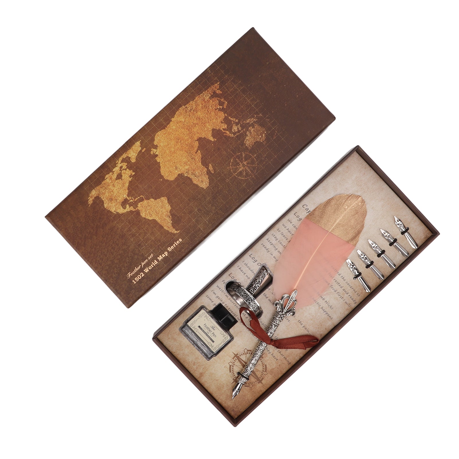 Feather Pen Set Durable Creativity Easy Writing Stationery Gift Box for Lover Teacher Classmate GiftGold Dirty Powder