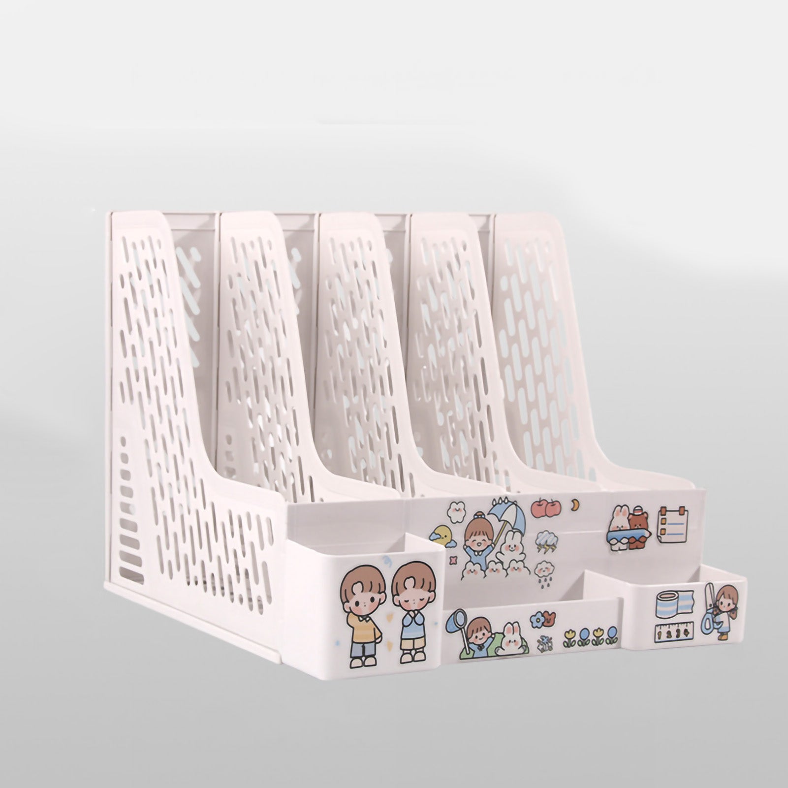 Desk File Organizer 4 Compartments Color Desktop File Storage Rack Student Book Vertical Bookshelf Rack White