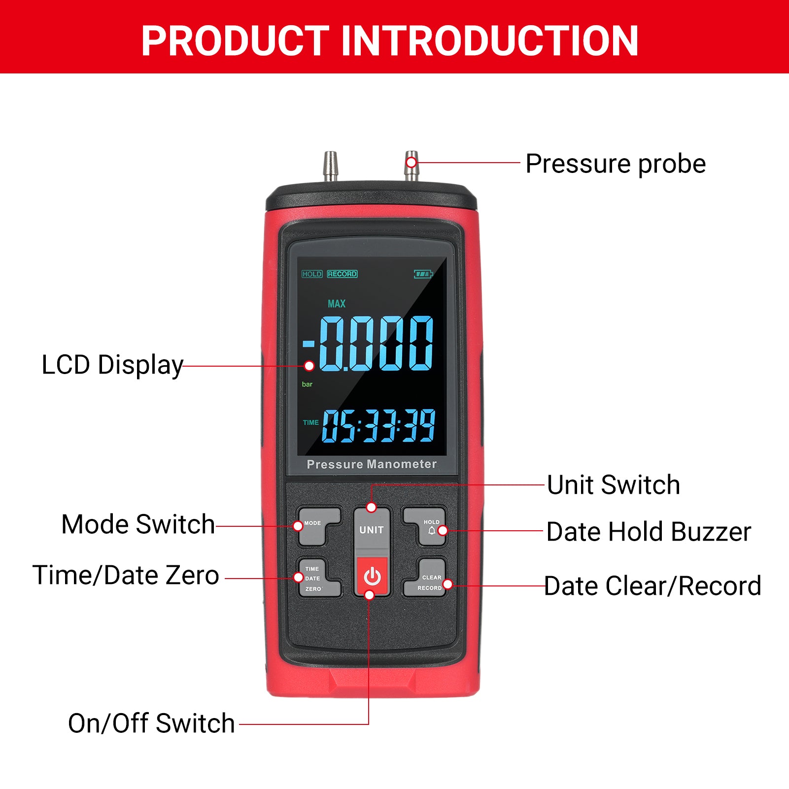 GT5101 Digital Manometer, Dual-Port Manometer Gas Pressure Tester, Handheld Professional Air Pressure Meter, 13 Selectable Units Differential Pressure Gauge, with Large LCD Display
