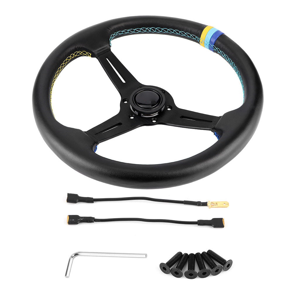 350mm/14in for GReddy Style 6-Bolt Half Dish Black Leather Racing Steering Wheel W/ Horn