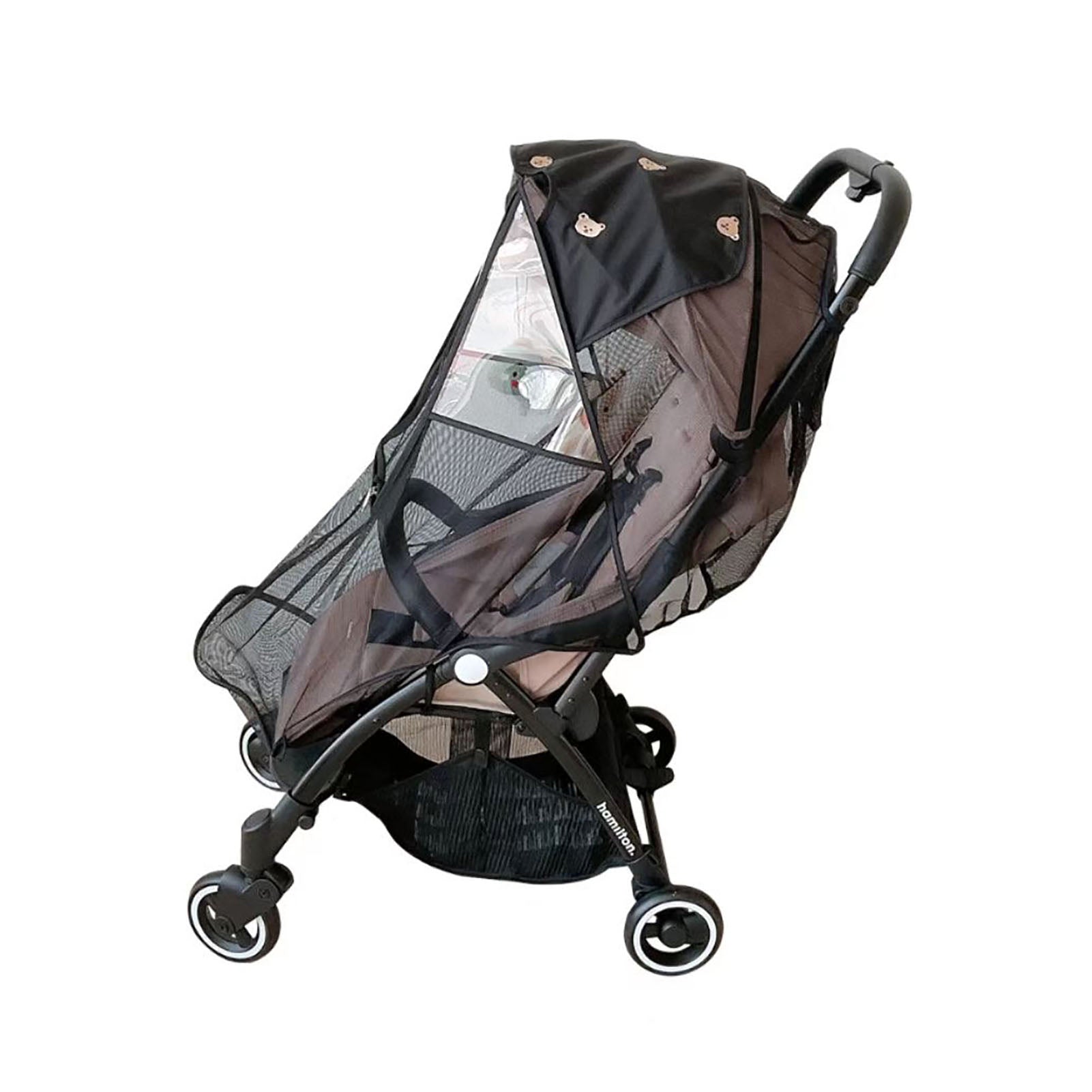 Baby Stroller Bug Net Cute Pattern Universal Breathable Windproof Full Covered Stroller Net Black
