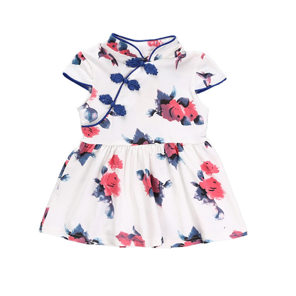 Beautiful Pattern Chinese Style Kid Dress Short Sleeve One Piece Girl Summer Dress(Bird 100)