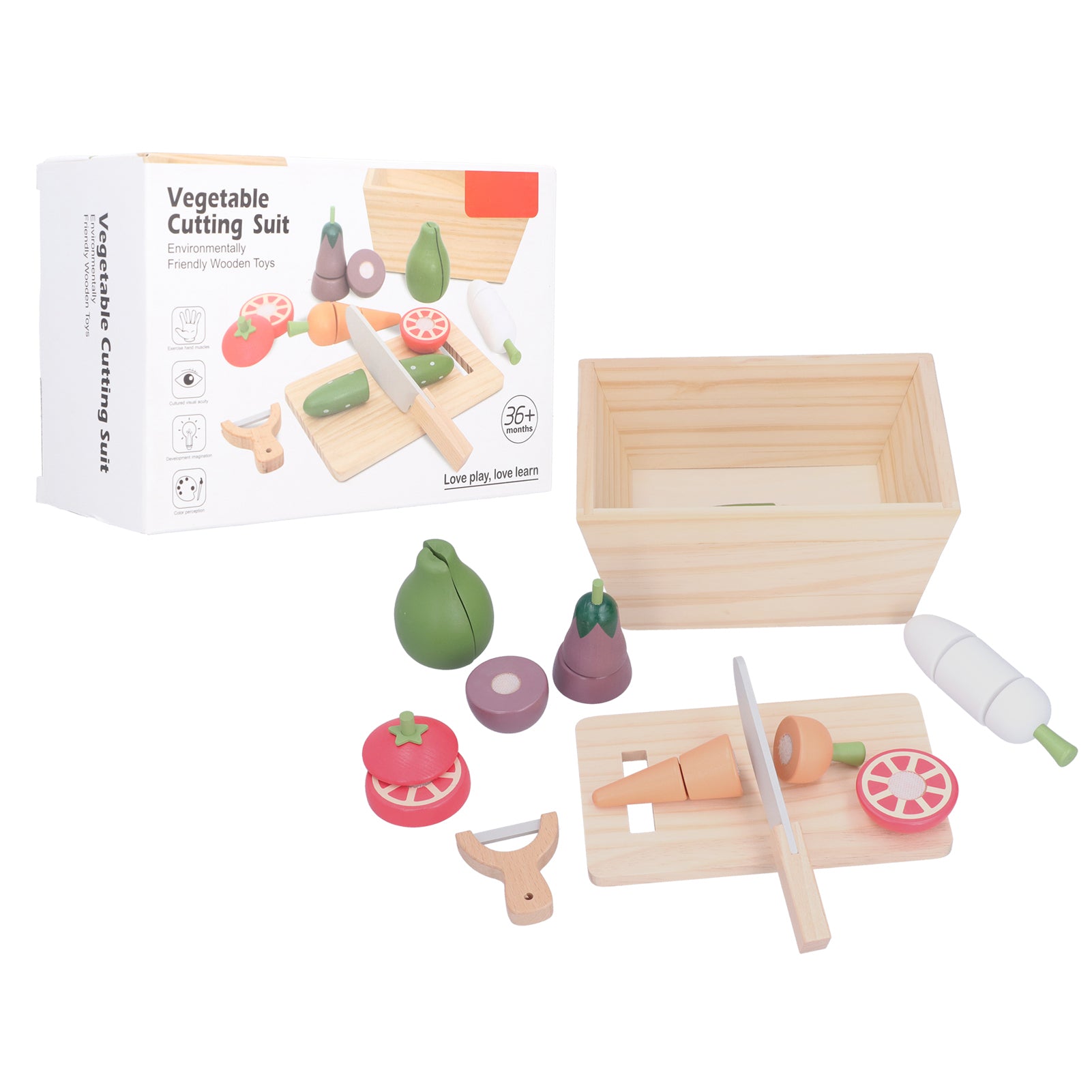 Cutting Fruit Vegetable Set Wooden Pretend Play Vegetable Kit with Storage Basket for Kids Over 3(UhyeSimilation Vegetable Set )