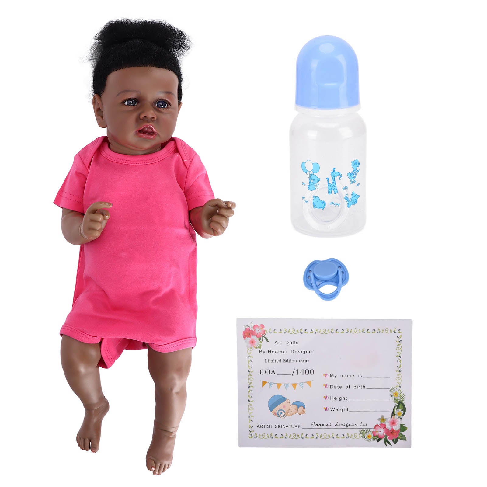 24in Exquisite Lifelike Baby Girl Doll Cute Black Skin Reborn Baby Doll With Feeding Bottle