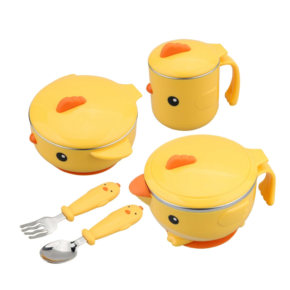 Infant Utensil Eating Non-Slip Heat Preservation Bowl Tablewares Spoon Fork Set(Orange )