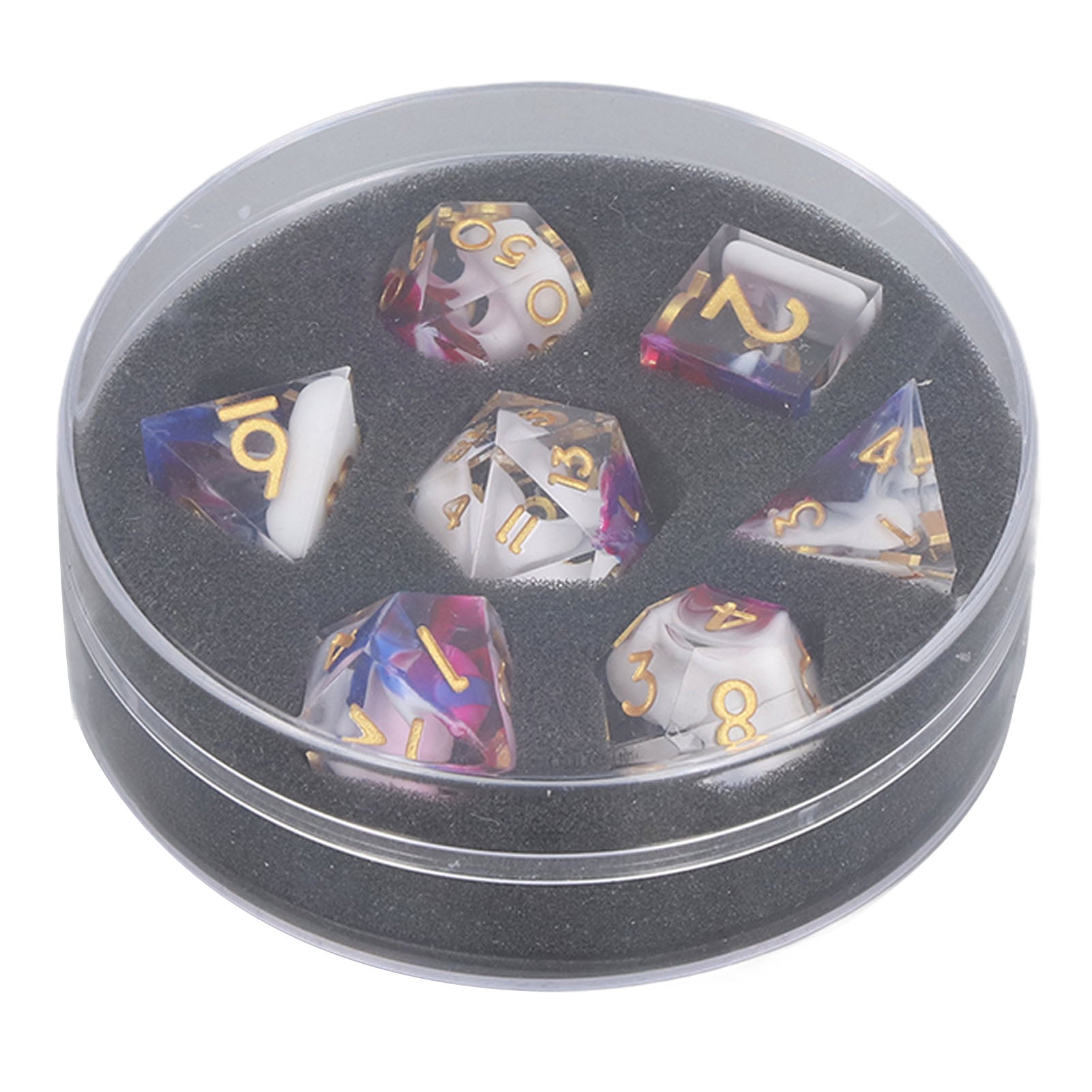7pcs Polyhedral Dice Set Resin Sharp Edges Clear Numbers Table Gaming Dices for Board Games White and Purple