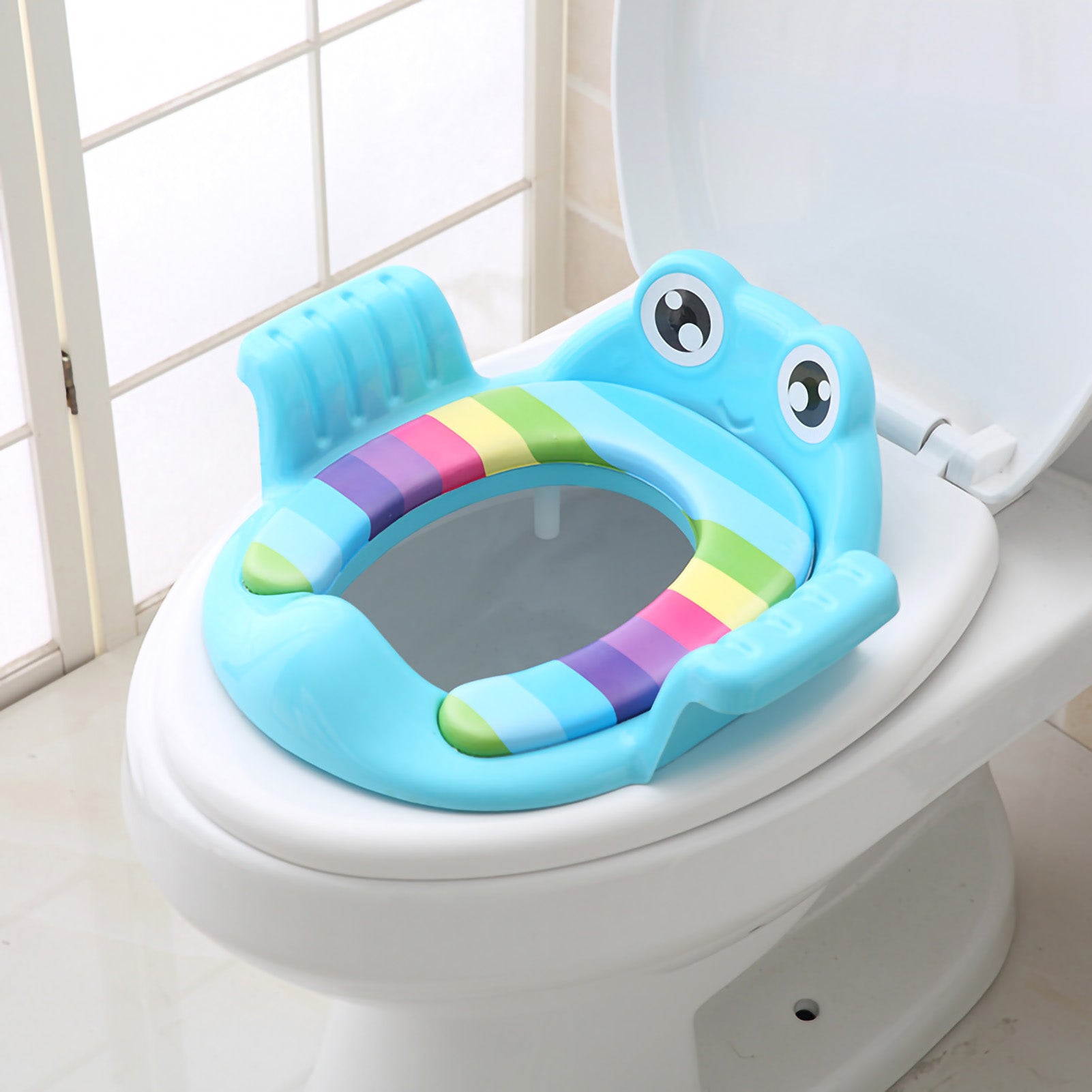 Baby Toilet Seat Cute Children's Baby Infant Double Armrest High Back Splashproof Anti Slip Toilet Seat Blue