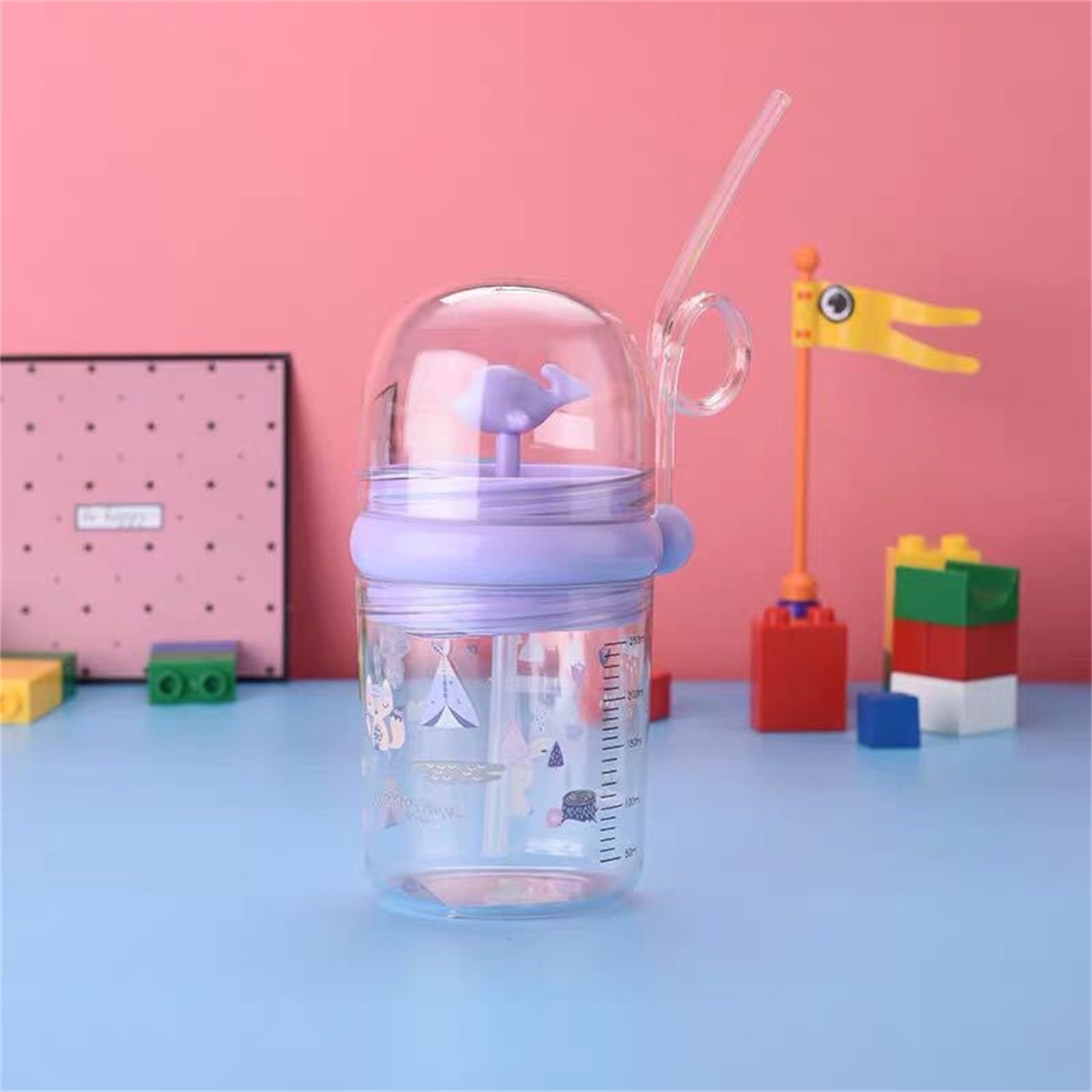 Whale Spray Water Bottle Infant Sippy Cup Summer Plastic Children's Water Cup with Straw(Purplr Strap )
