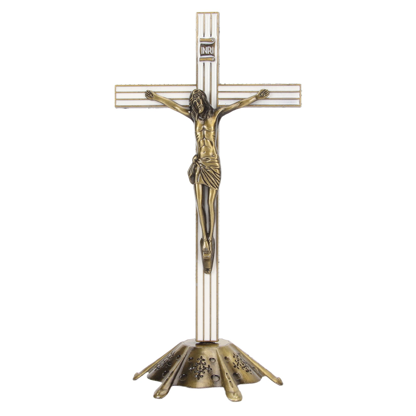 Standing Crucifix Olive Green Retro Style Strong Alloy Stable Base Catholic Cross Statue for Home Cafe Office Decoration