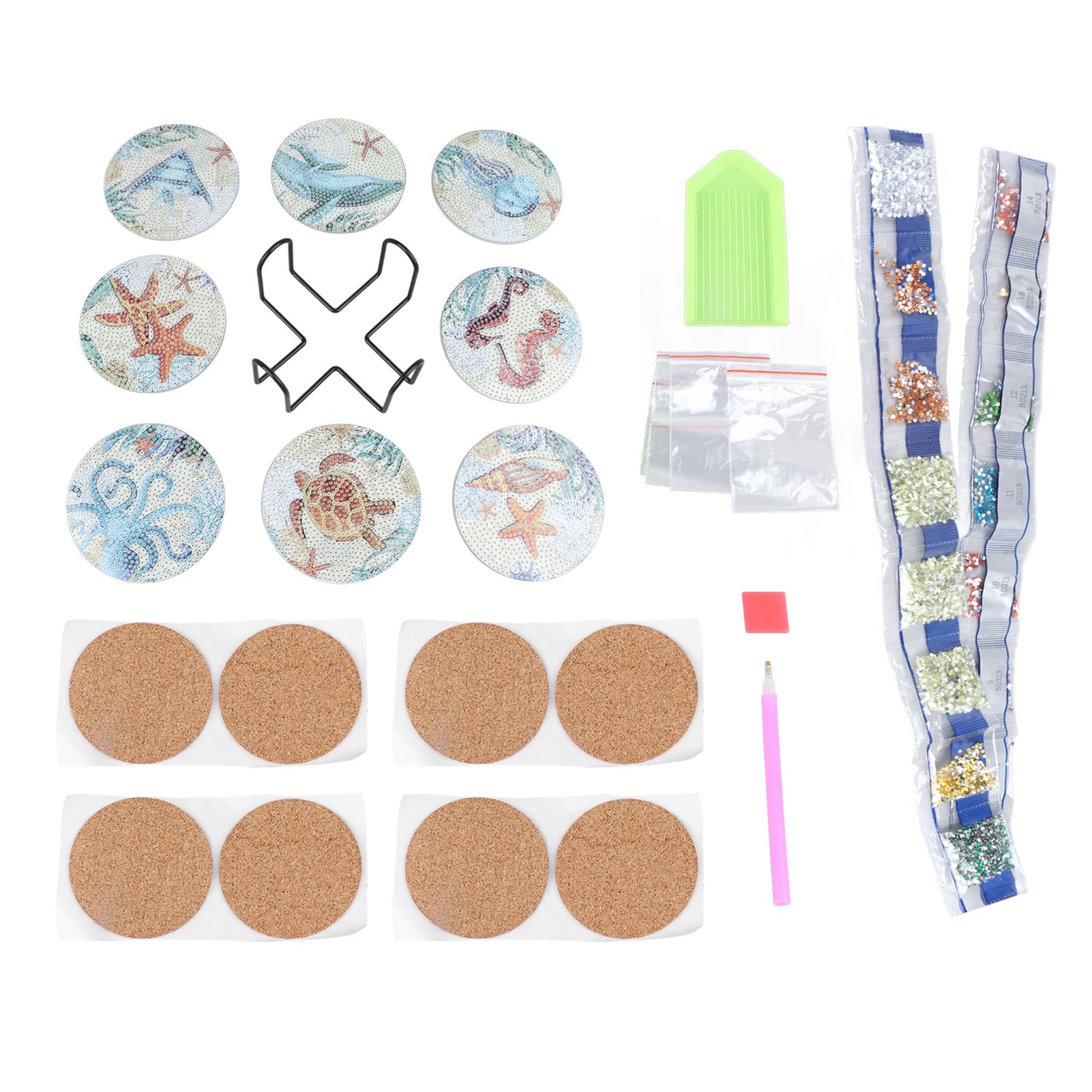 8Pcs Rhinestone Painting Coasters Ocean Theme Sparkling Rich Colors Coaster Rhinestone Art Kit for Family Kids DIY