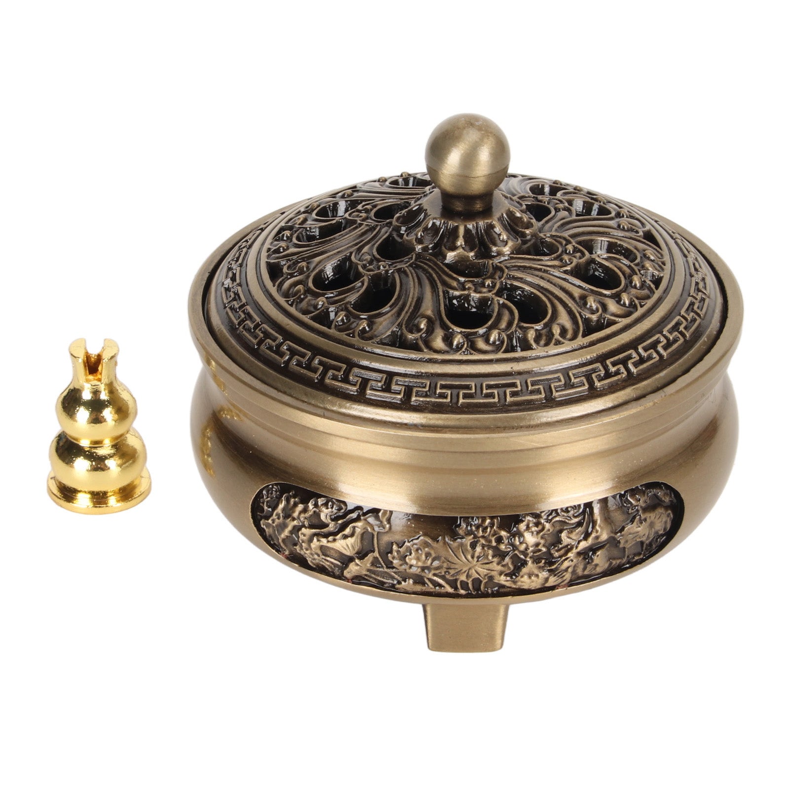 Coil Incense Burner with Lid Antique Beautifully Carved Electroplating Zinc Alloy Incense Burner for Meditation Room Study