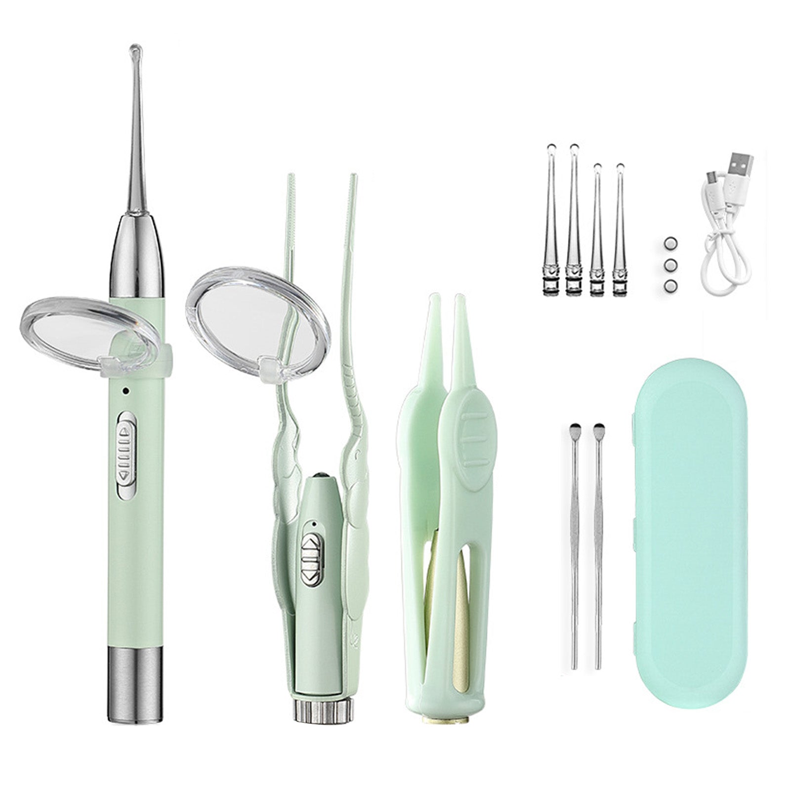LED Lighted Earpick Set Ear Wax Removal Noseclip Forceps Bright Lighting Ear Care Kit for Children Light Green