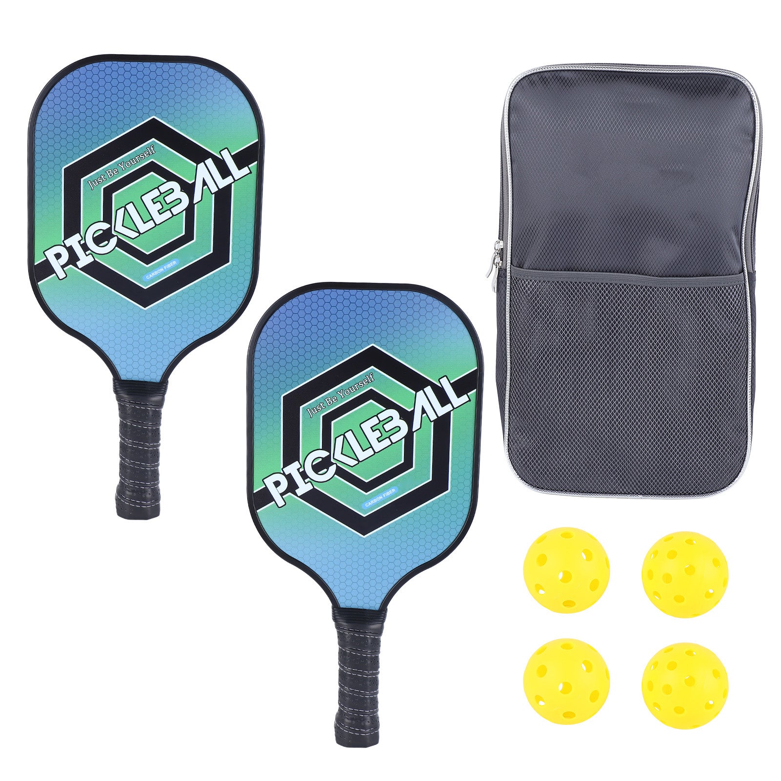 2Pcs Pickle Ball Paddles Durable Carbon PE Comfortable Grip Light Weight Pickle Ball Set with 4 Balls for Outdoor Home Hexagonal