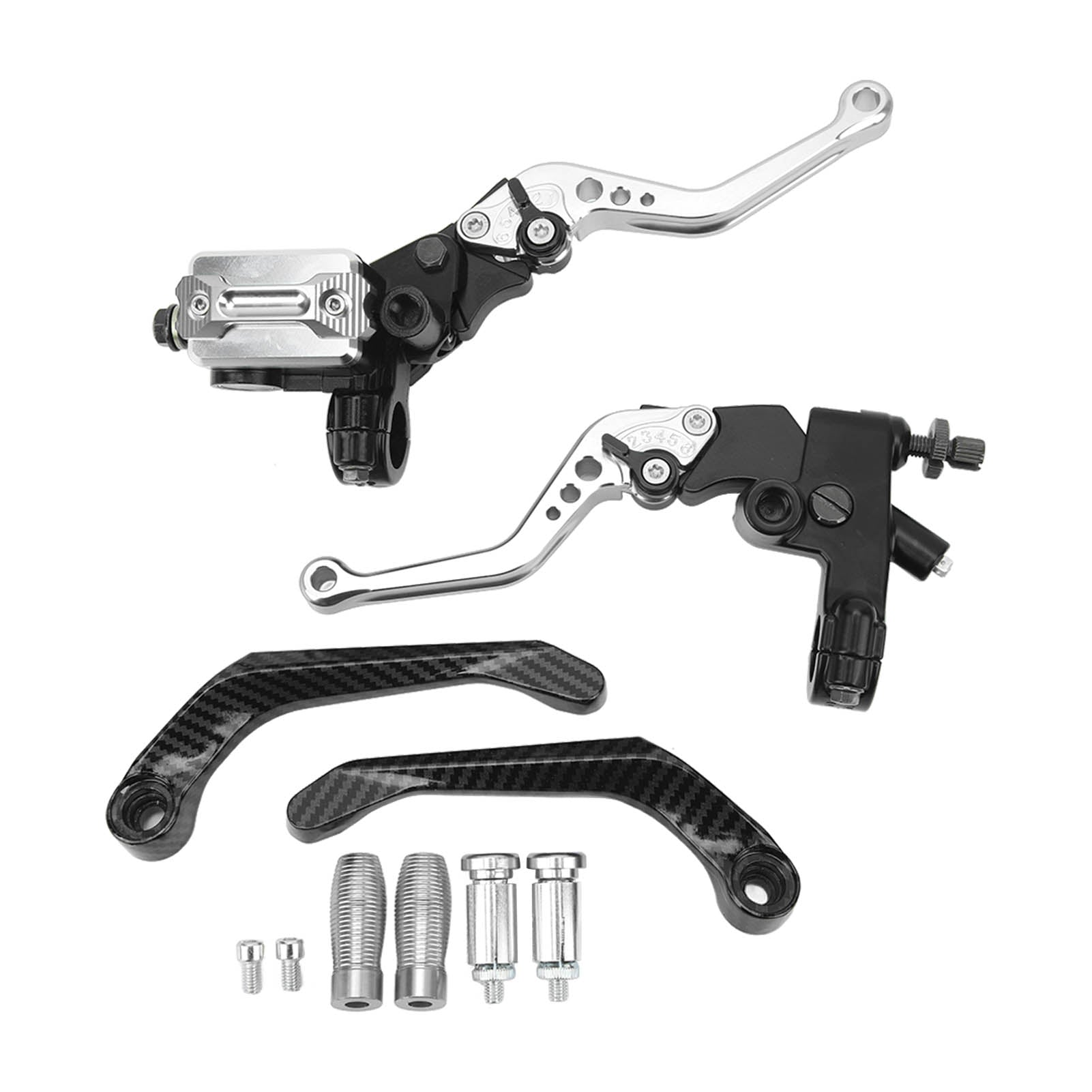 1 Pair 7/8in Brake Master Cylinder Lever Universal Motorcycle Handlebar Kit with Reservoir Carbon Fiber Hand Guard Silver