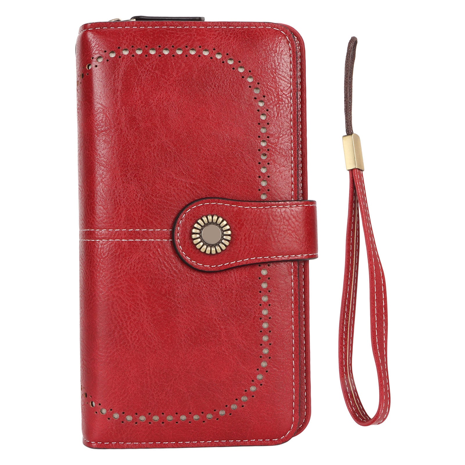 RFID Blocking Leather Wallet Large Capacity Double Snap Button Women Wallet with Removable Wrist Strap Wine Red