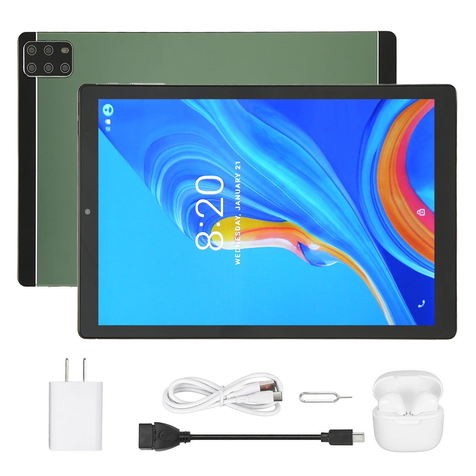 10.1 Inch Tablet for Android 12 10 Core CPU 6GB 128GB 5G WiFi 2MP 5MP 8800mAh Tablet PC with Bluetooth Earbuds 100‑240V Green US Plug