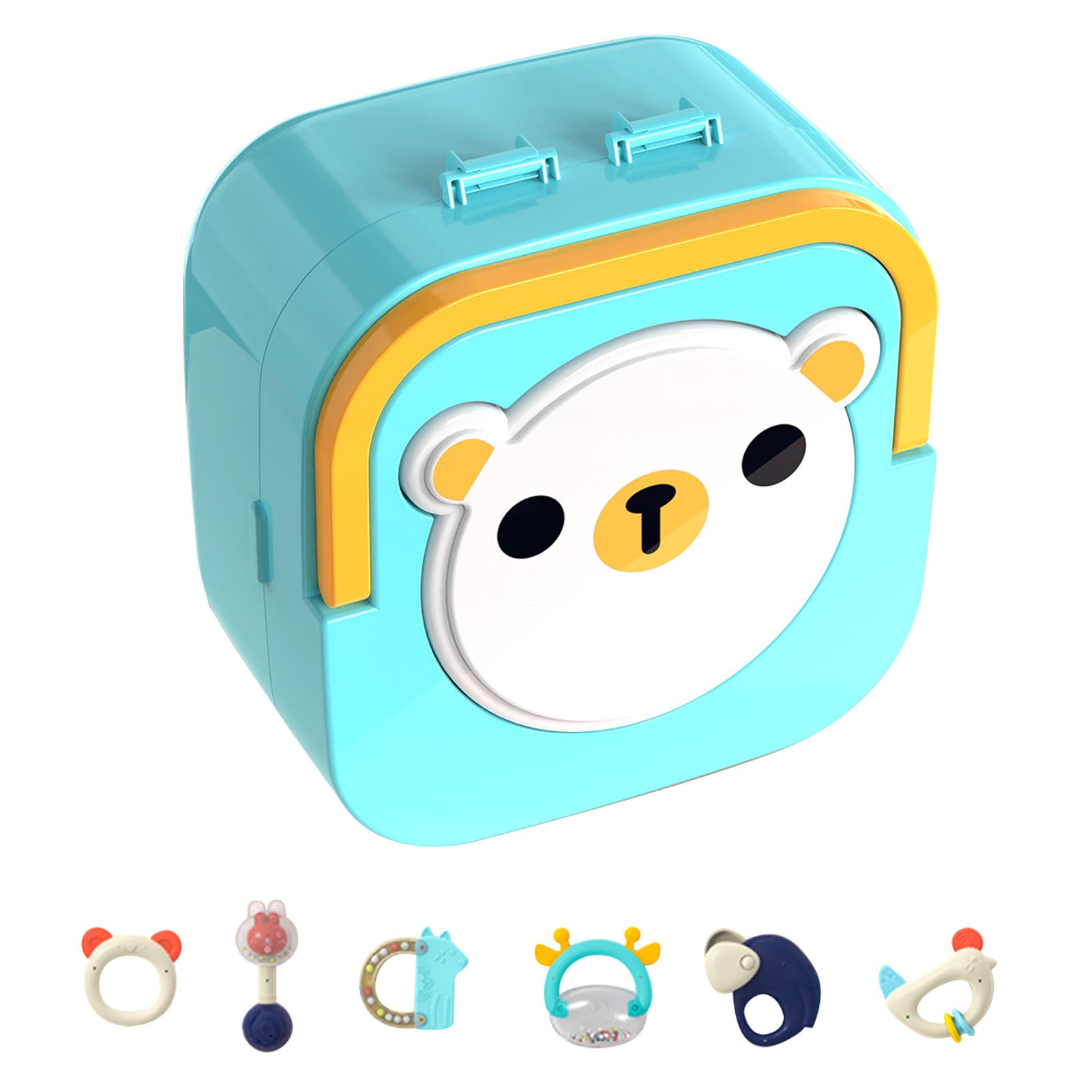 6pcs Baby Teether Rattles Set Chewing Teething Toys Grab Shaker Hand Bells Animal Shaped Educational Toy with Storage Box