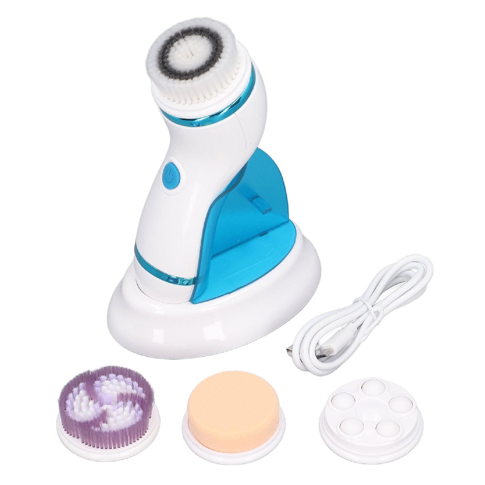 Facial Cleansing Brush Vibration Massage Promote Circulation Electric Face Wash Brush with 3 Heads Blue