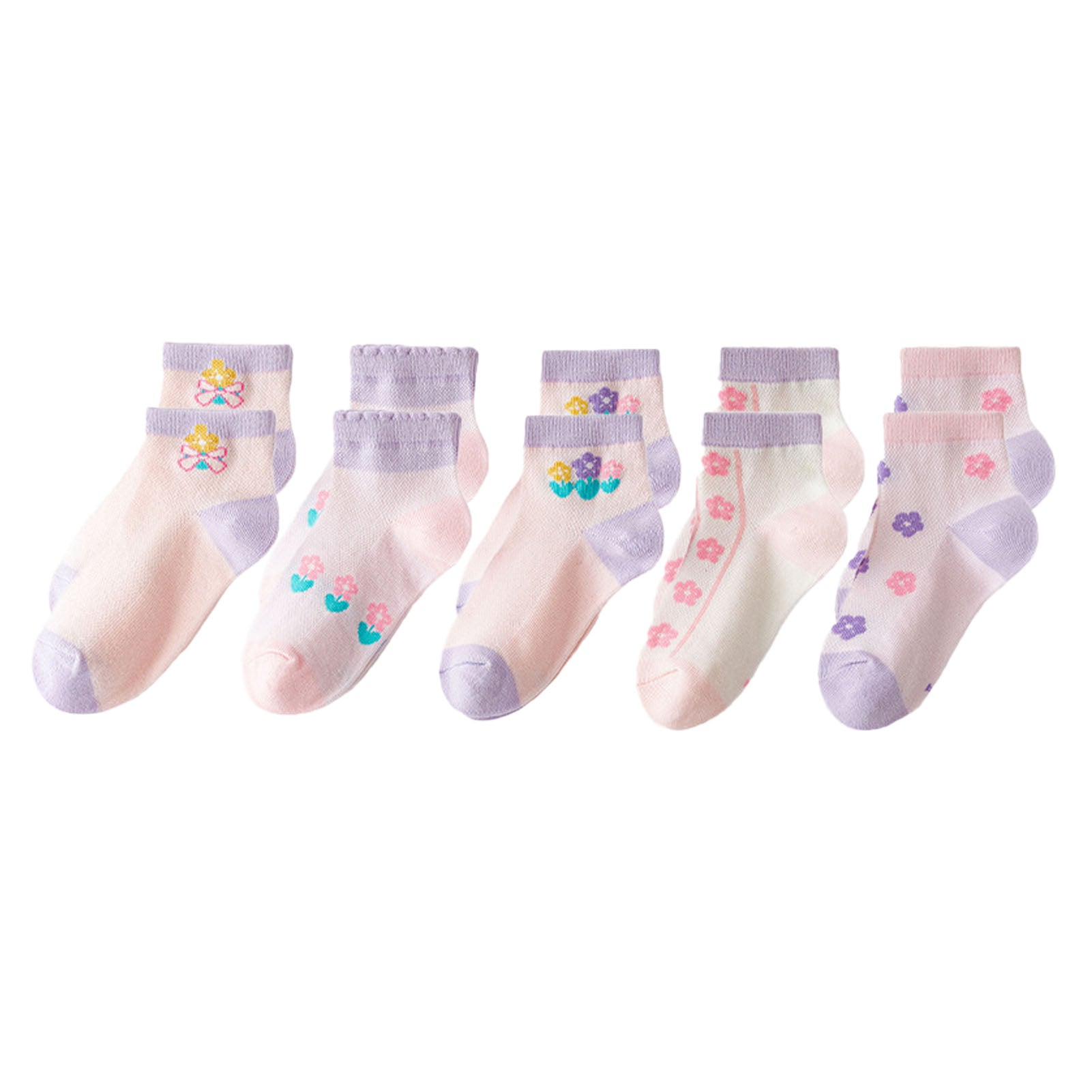 5 Pairs Kids Socks Spring Summer Thin Breathable Stretchy Cute Little Flower Pattern Children Socks for Girls XL