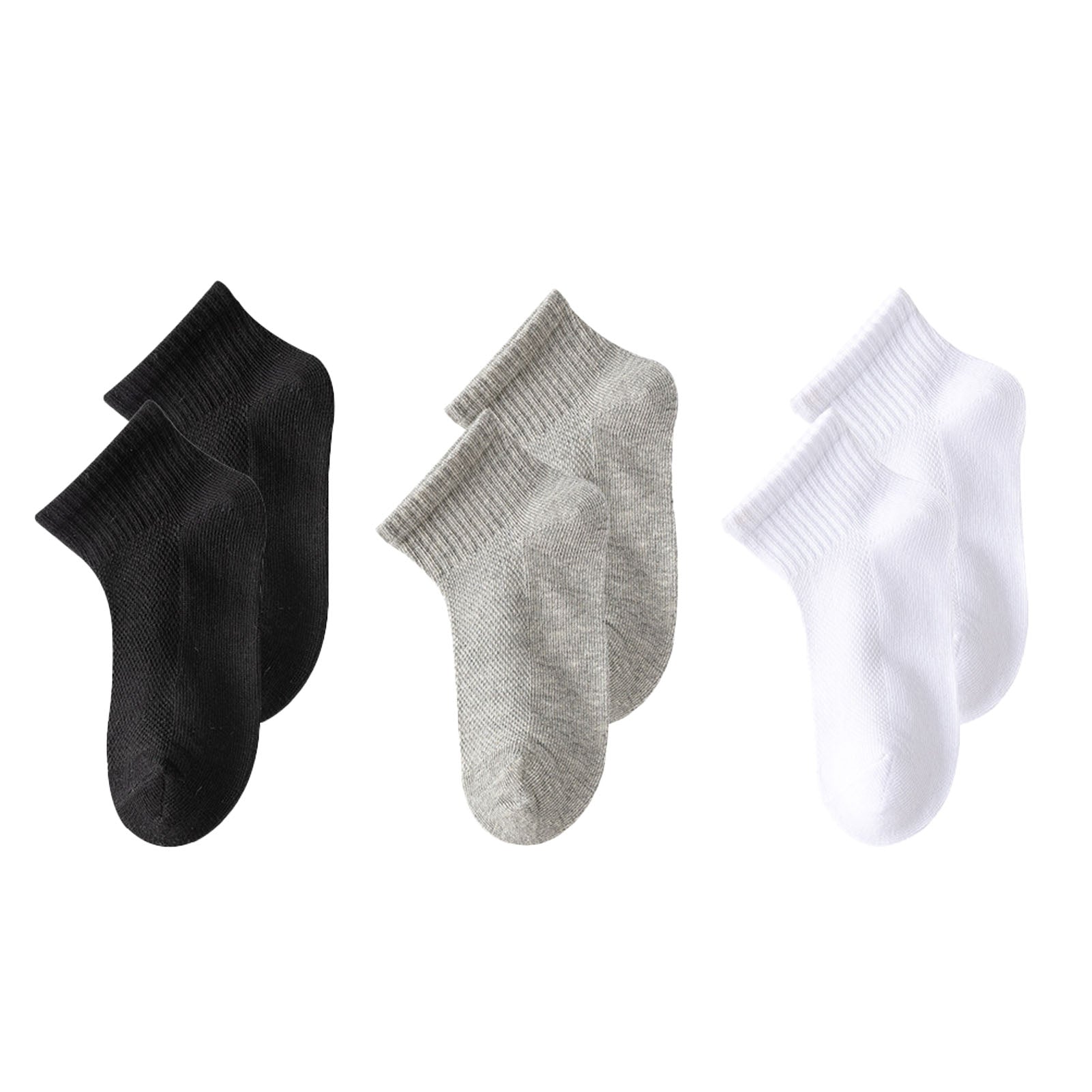 3 Pairs Kids Soft Cotton Ankle Socks Boys Girls Breathable Mesh Athletic Socks Black White Gray Above 12 Years Old for Shoe Size 38‑42