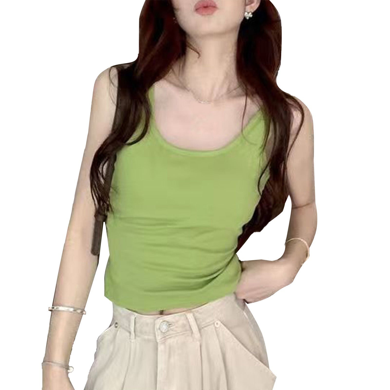 Cross Backless Strap Vest Slim Fitted Pure Cotton Plain Color Backless Strap Tank with Pad Green Free Size (88.2‑137.8lb)