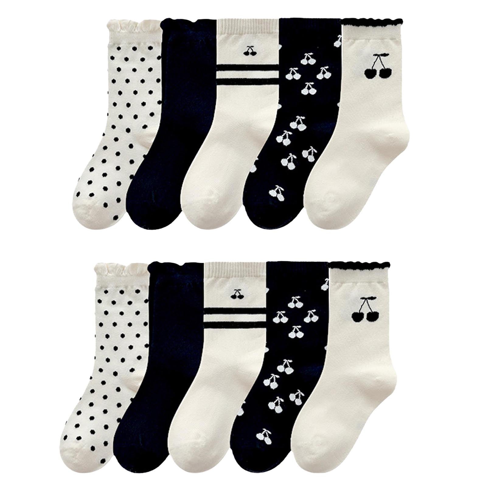 5 Pairs Girls Mid Calf Socks Kids Lace Trim Black White Style Breathable Soft Fashionable Sports Mid Cut Socks Lace Cherry L ( Suggested Foot Length: 6.3‑7.1in)