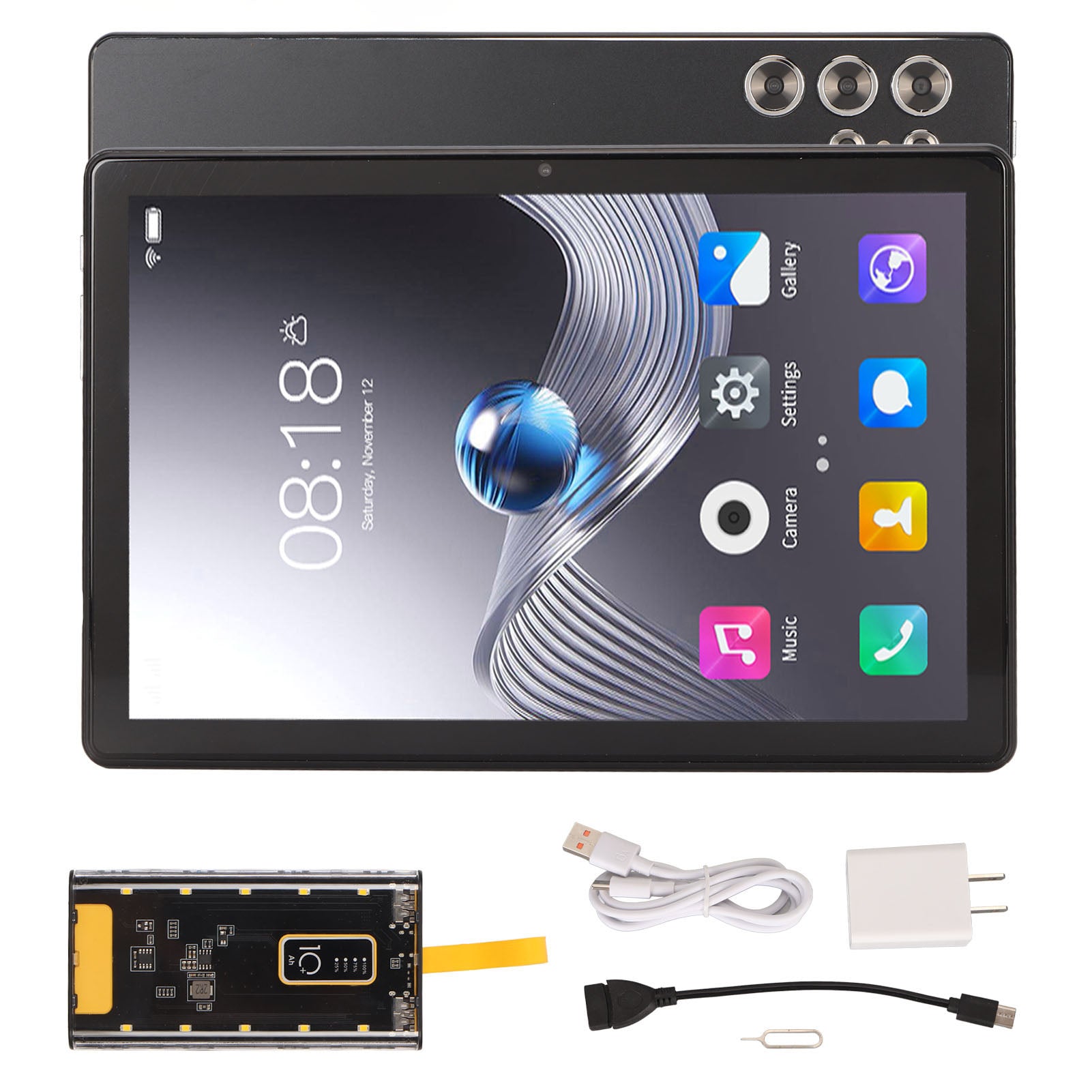 10.1 Inch Tablet IPS 12GB RAM 256GB ROM Octa Core Dual Camera 4G LTE Office Tablet with 10000mAh Power Bank 100‑240V US Plug Black