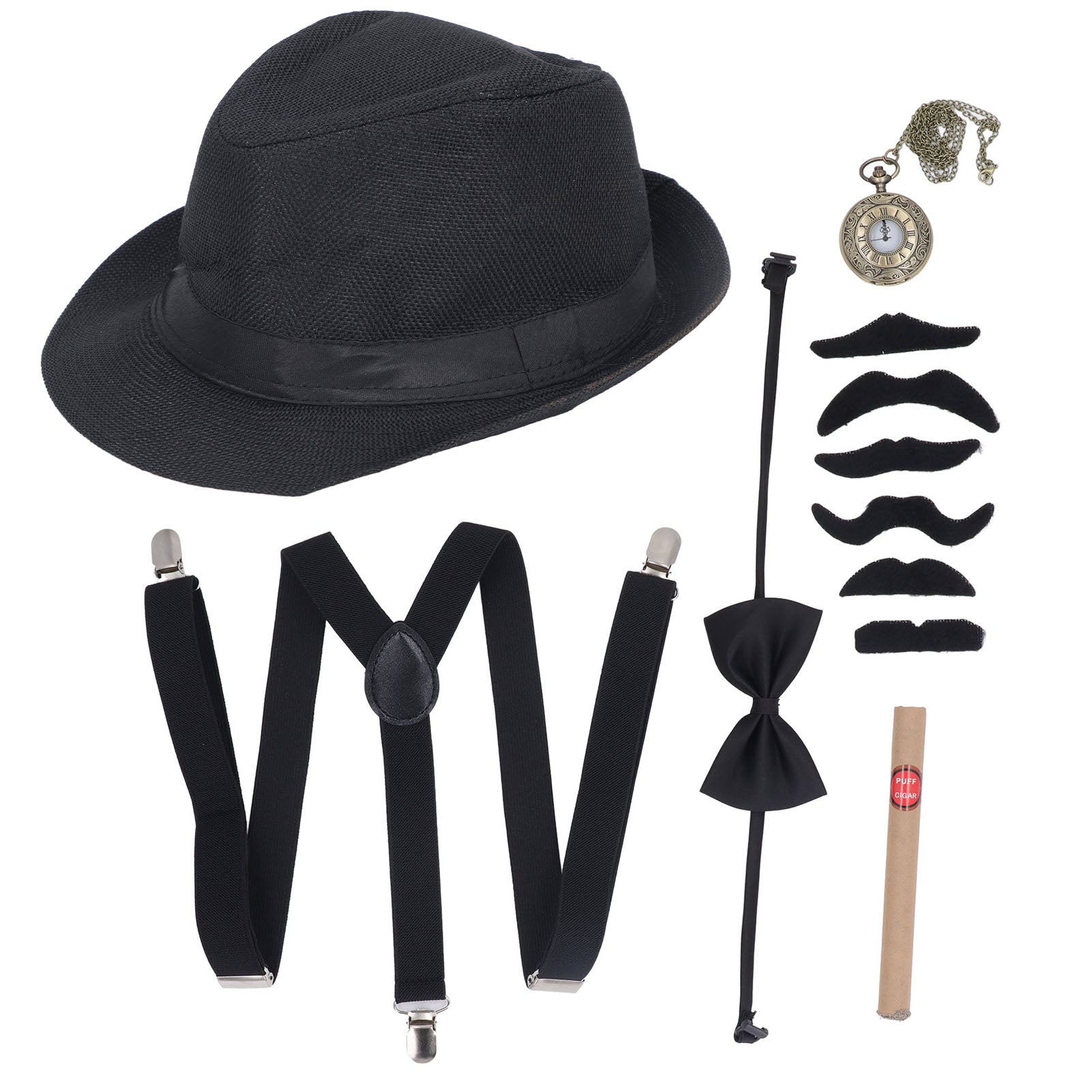 1920S Grandpa Old Man Costume Set with Hat Pocket Watch Fake Cigar Suspenders Beard Bow Tie 100 Days School Costume for Kids Black