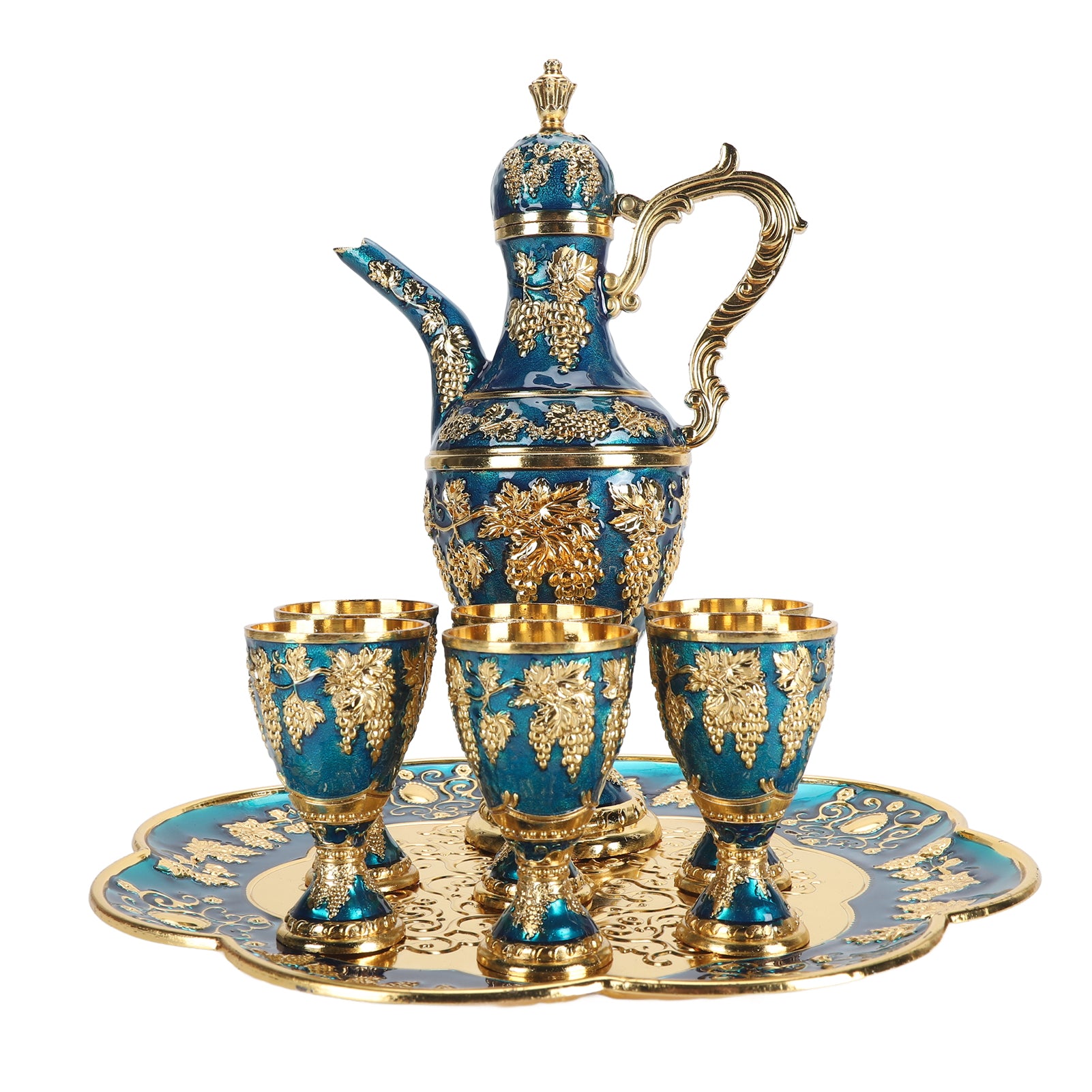 Metal Wine Pot Kit Rustproof Waterproof Zinc Alloy Coffee Pot Set Decorative Exquisite Vintage Pot Tray Set for Daily Party Banquets Gold Blue