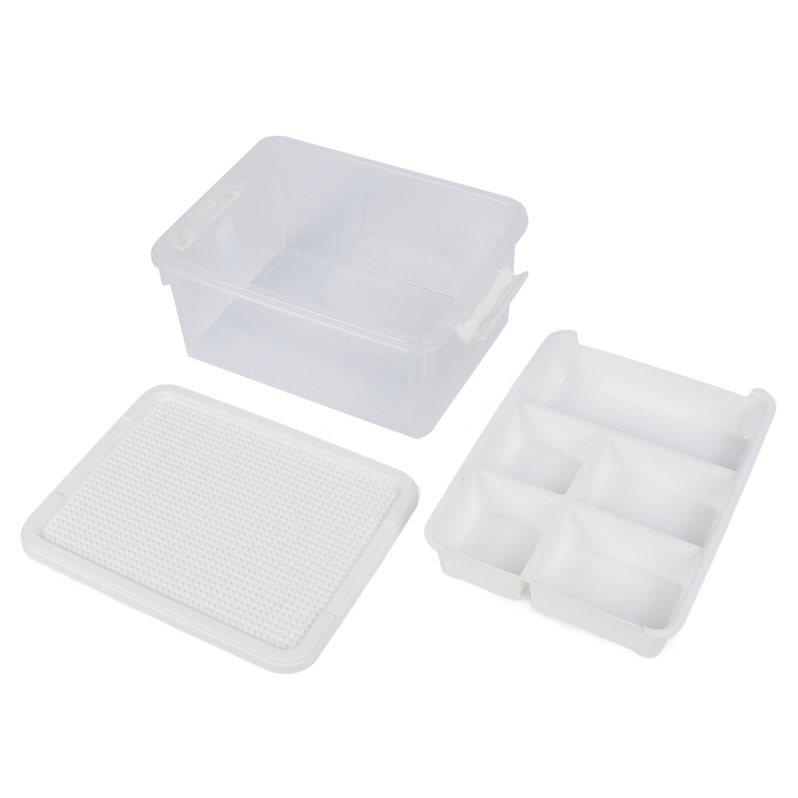 16L Clear Storage Box Transparent See Through Organizing Bin with Building Baseplate and Removable Tray White