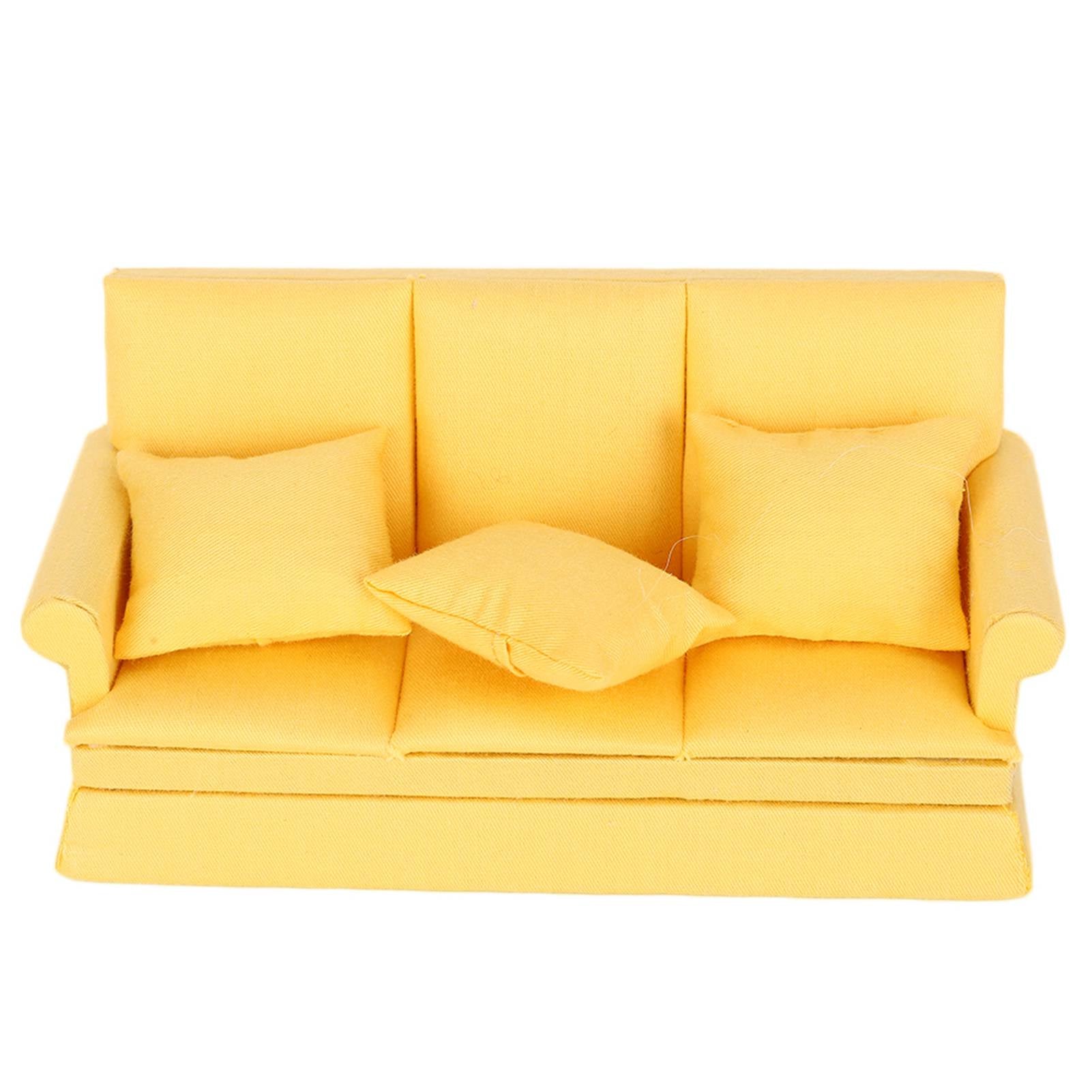 1:12 Doll House Mini Sofa with 3pcs Pillow Living Room Furniture Wooden Doll House Decoration AccessoriesYellow