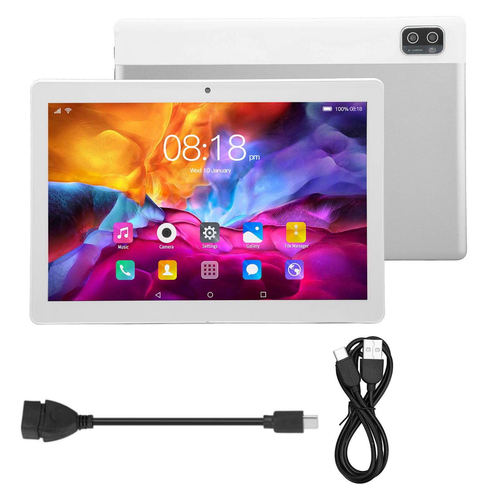 10.1in Tablet Silver 5G WiFi Calling for Android 12 6GB 128GB 1960x1080 Resolution MT6592 10 Cores Tablet 100‑240V UK Plug