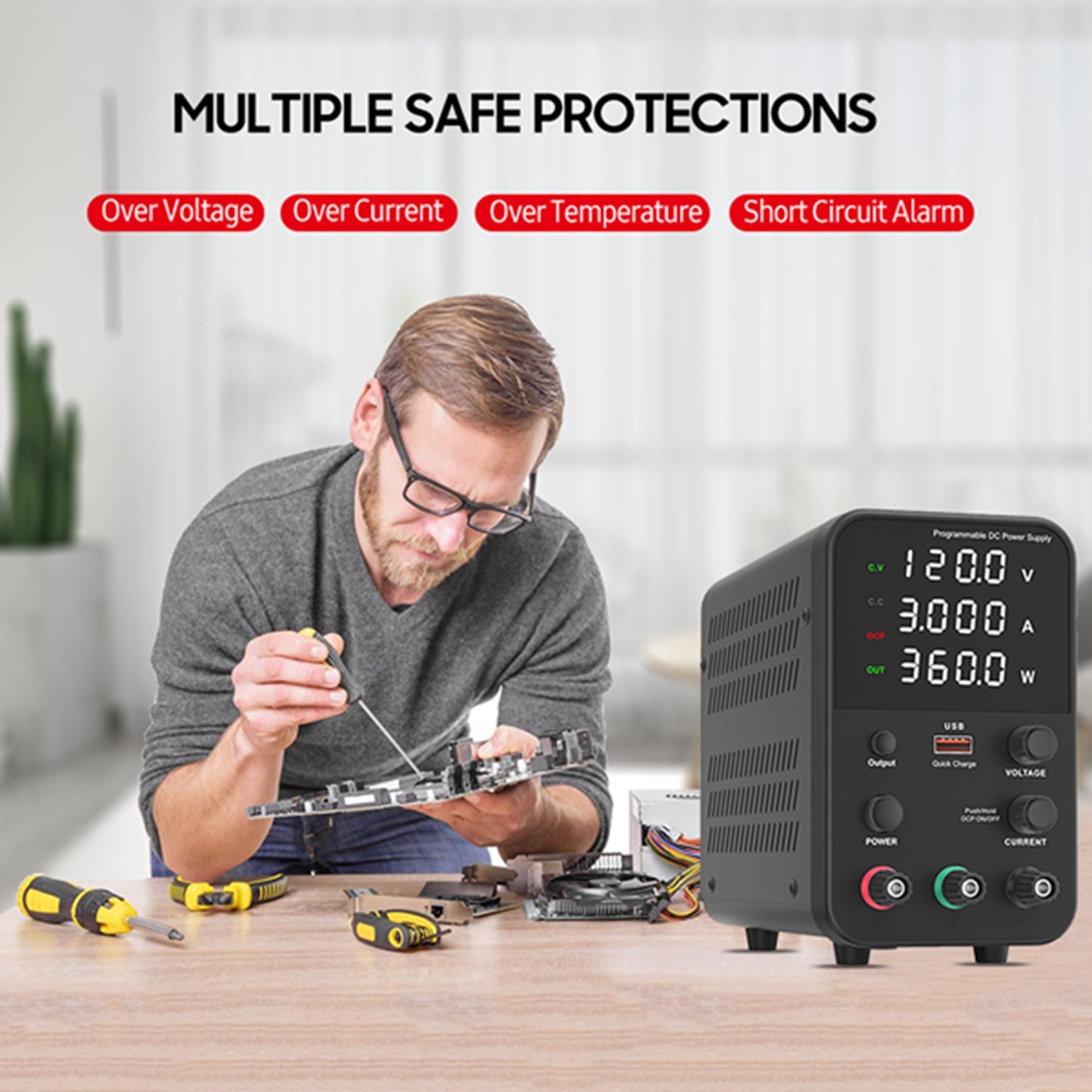 Bench DC Power Supply Variable 120V 3A Digital Display Adjustable Switching Regulated Power Supply CV CC with Output Switch, USB Quick Charge Port, Short Circuit Alarm, Encoder Adjustment Knob