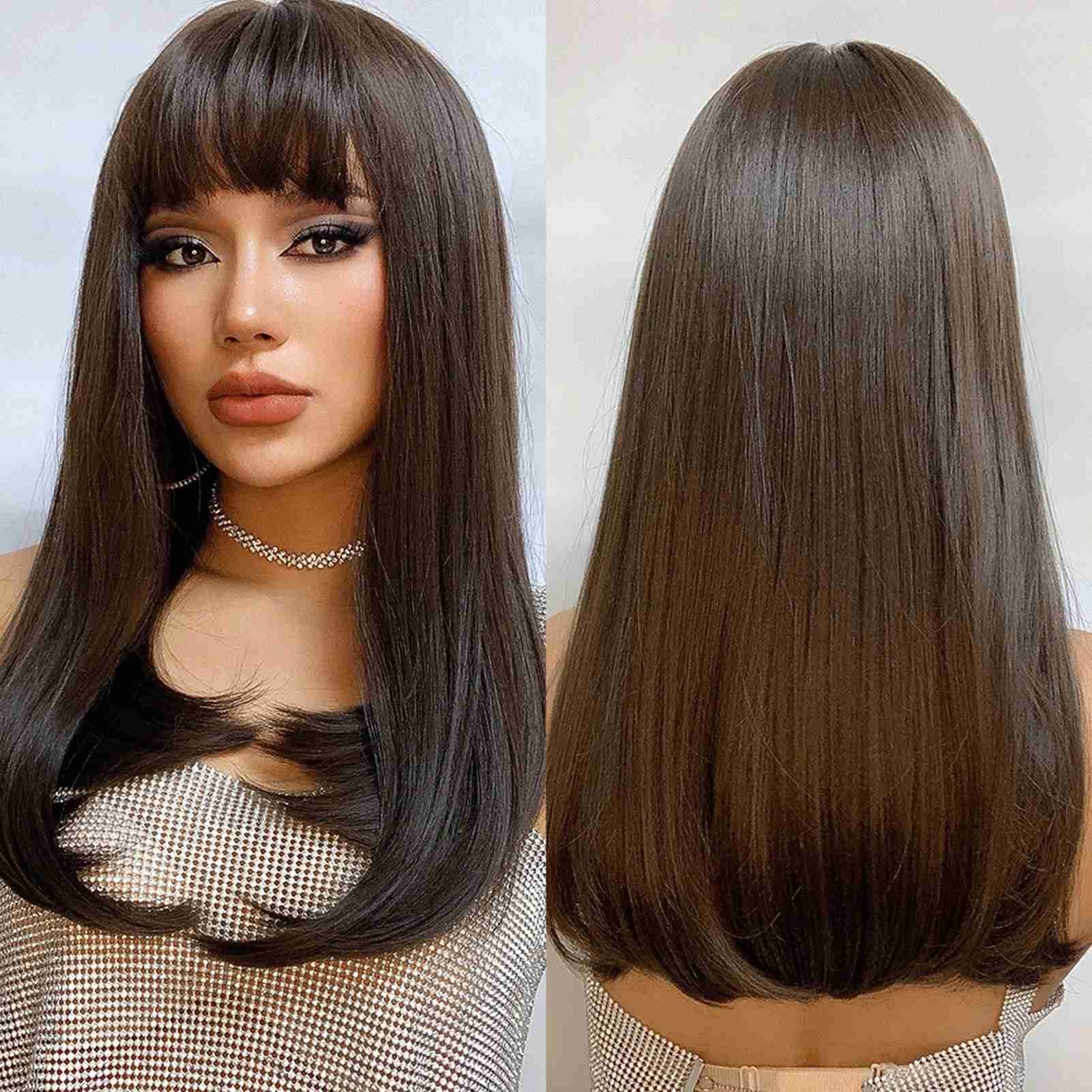 Long Black Wig Human Hair with Bangs and Wig Cap Glueless Straight Natural  Wigs 26 Inch