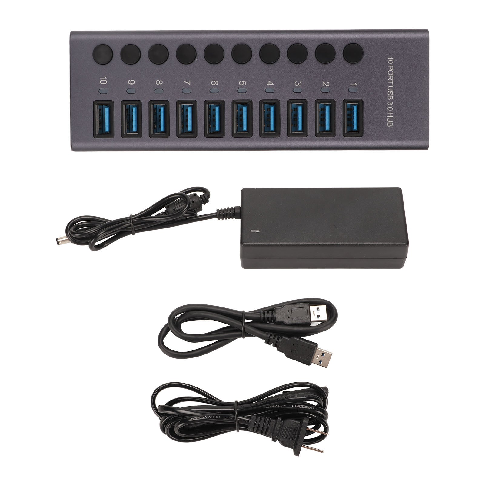 10 Port USB3.0 Hub Splitter Independent Power Supply Charging Data Transfer Powered Usb Hub 100‑240V US Plug