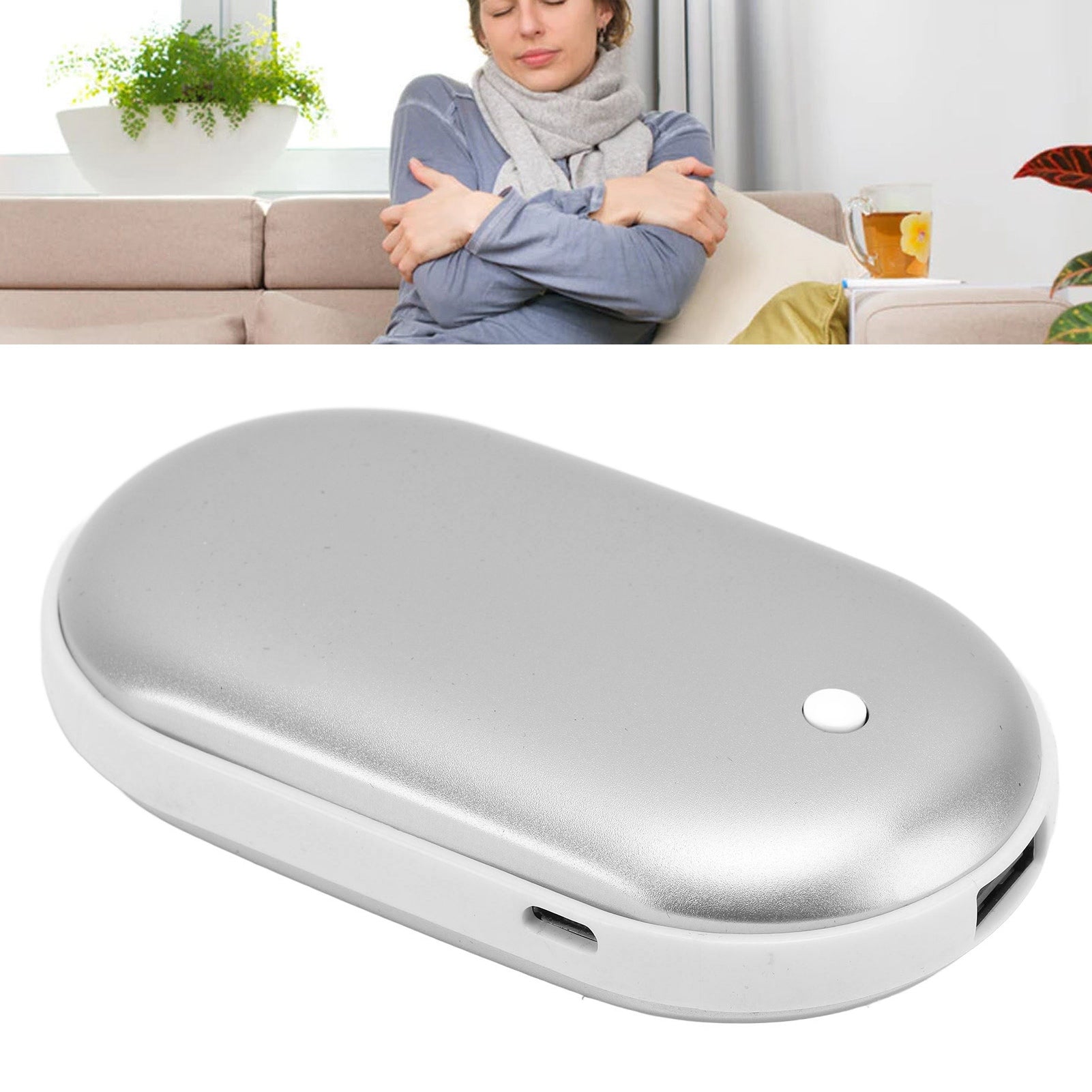 Pocket Hand Warmer Aluminium Alloy 2400mah USB Mini Power Bank for Winter Travel Outdoor Silver