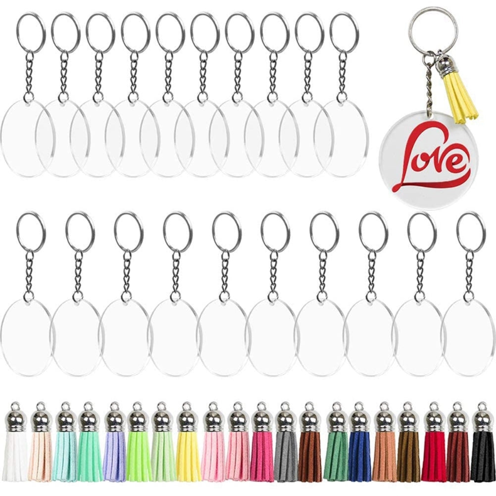Acrylic Keychain Blanks Keychain Tassels Set Round Acrylic Keychain Blanks and Keychain Tassels Pendant Keyring for DIY Key Rings Projects and Crafts