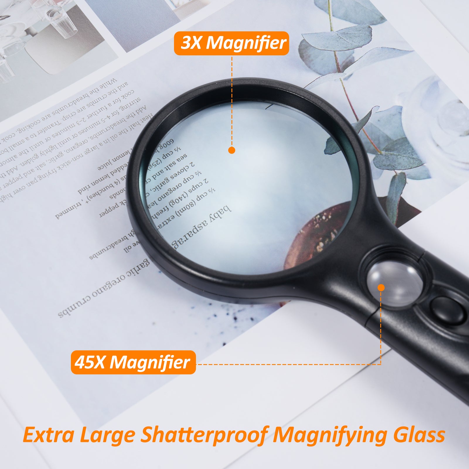 Magnifying Glass with 3 LED Light 3x 45x Handheld Magnifier and Dual Magnifying Glass for Reading Coins Seniors Kids Jeweler