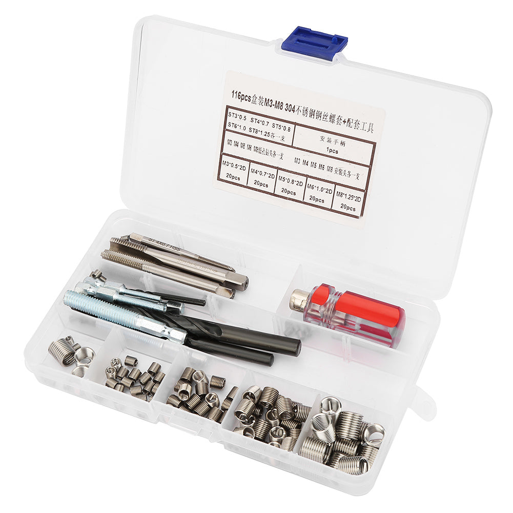 116Pcs/set Stainless Steel Wire Screw Sleeve Thread Repair Insert Kit Tool Set