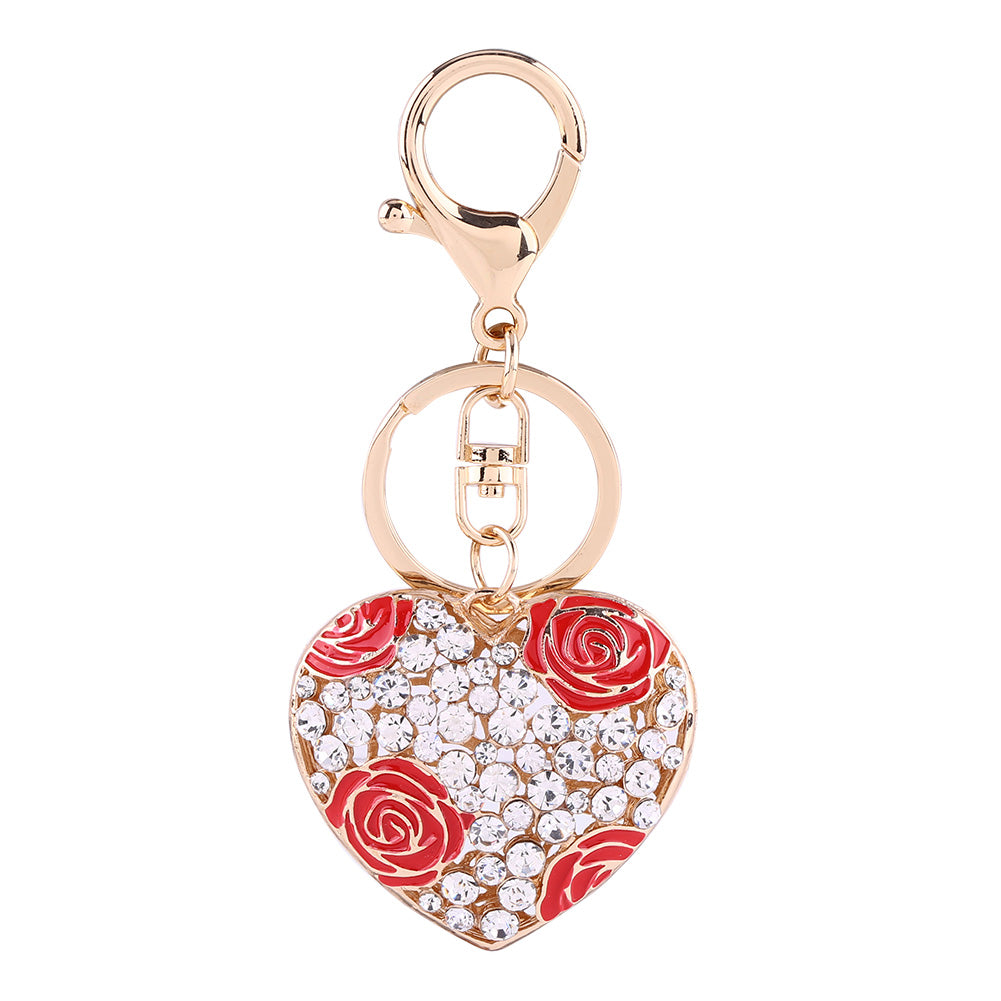Romantic Love Heart Rose Flower Crystal Keychain Key Ring Charm Purse Bag Pendant Gift (Red)