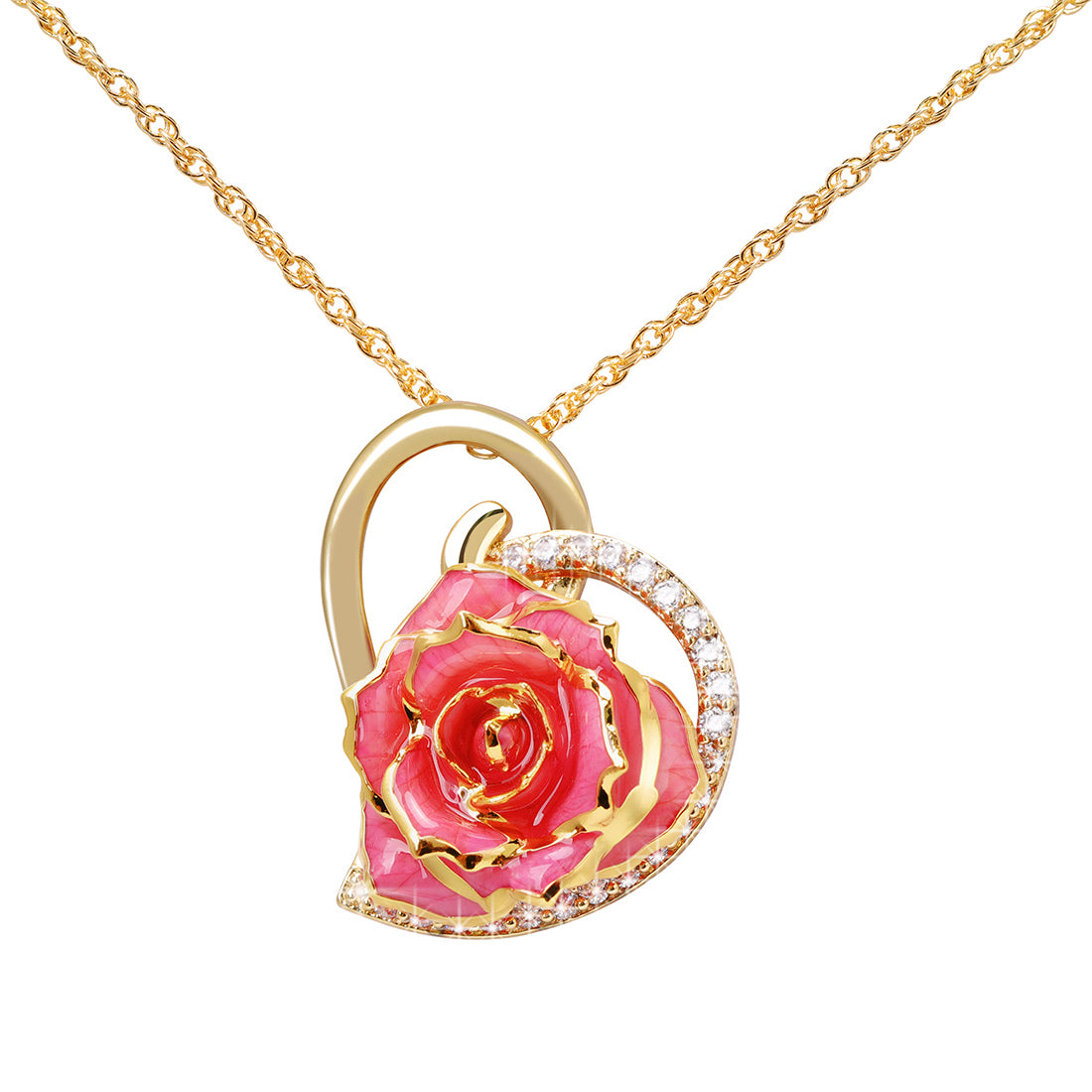 Heart Shaped Rose Pendant 24K Gold Plated Flower Necklace Drop Necklace for Women (Pink)