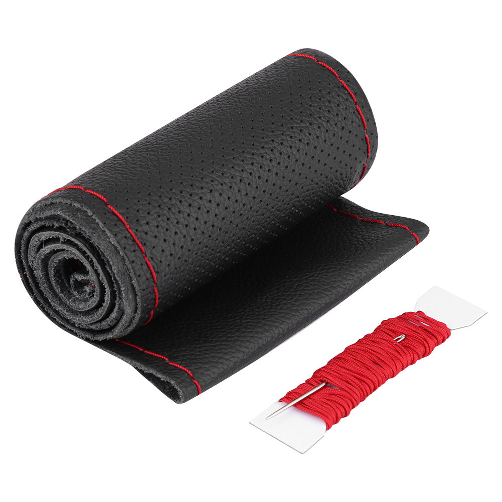 1 Pc 37-38cm Car Auto Laser Drilling Cowhide Steering Wheel Cover Universal (Black Red)