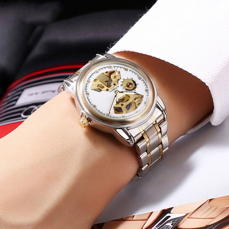 Fashion hollow men&#39;s watch waterproof luminous business belt through the bottom automatic mechanical watch men&#39;s watch foreign trade watch White steel belt 2#